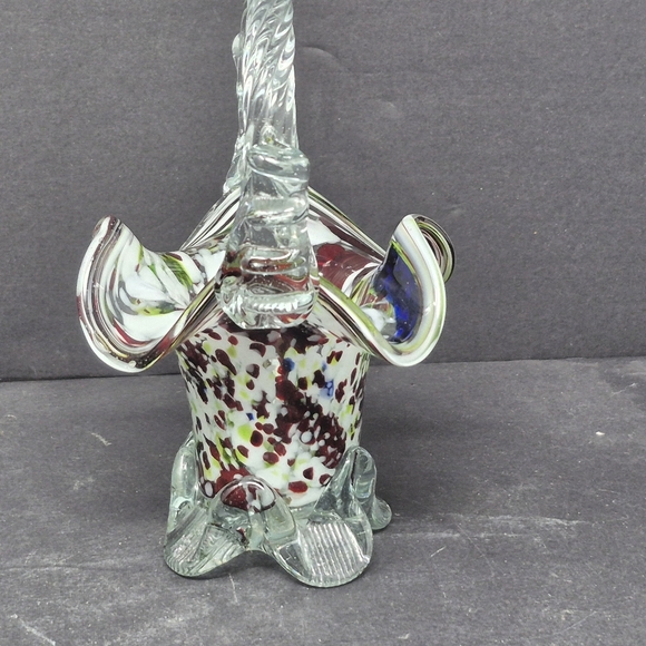 Multi Color Art Glass Basket With Applied Clear Glass Feet And Handle - Picture 3 of 6